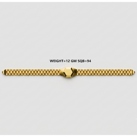 A gold-toned metal bracelet with a textured link design and a central geometric clasp, shown on a light gray background with text reading 'WEIGHT=12 GM SQ8=94'.