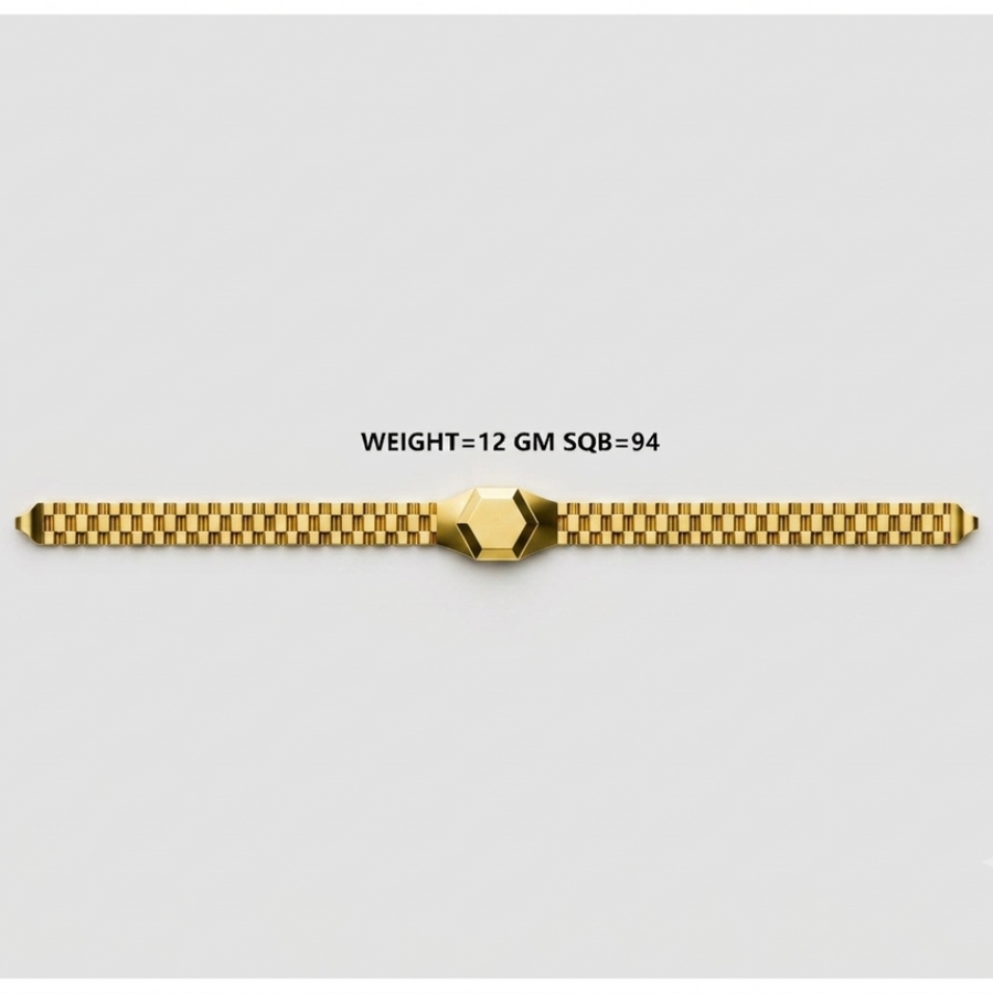A gold-toned metal bracelet with a textured link design and a central geometric clasp, shown on a light gray background with text reading 'WEIGHT=12 GM SQ8=94'.