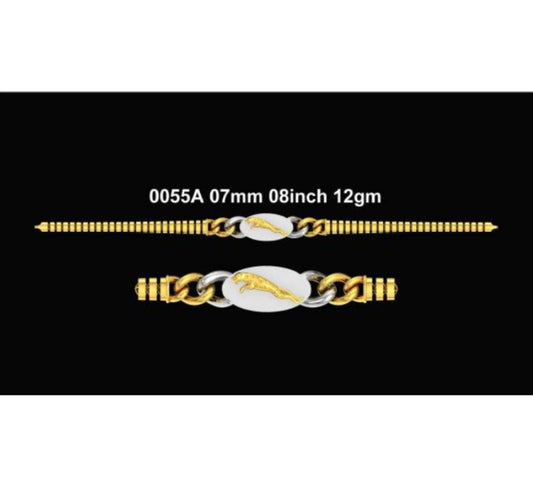 Four black product cards arranged in a 2x2 grid, each showing a decorative gold and white horizontal design with text labels reading '0055A 07mm 08inch 12gm'.