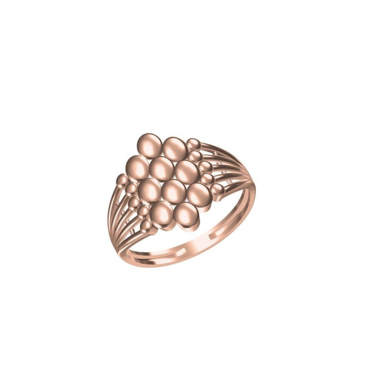 A rose gold ring with a cluster of smooth, rounded beads on top of a slotted band, shown on a plain white background with a small model number and logo at the bottom.