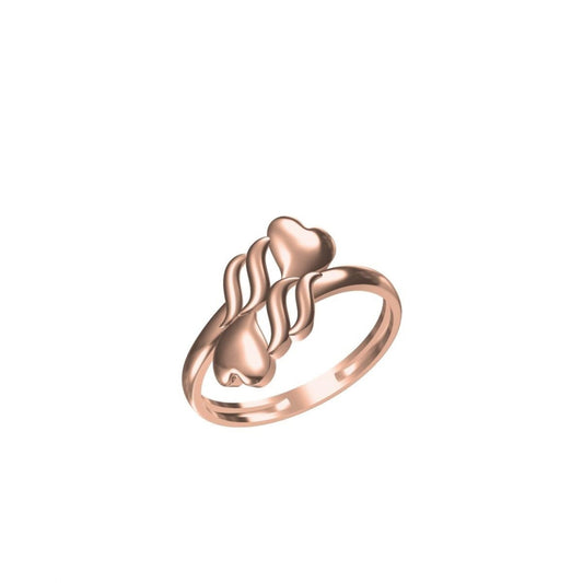 A rose gold ring with a stylized wavy band and two interlocking heart motifs, shown on a plain white background with a small model number and brand logo at the bottom.