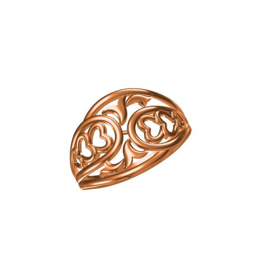 An ornate rose gold ring with intricate openwork scrollwork, shown on a plain white background with a small model number and brand logo at the bottom.