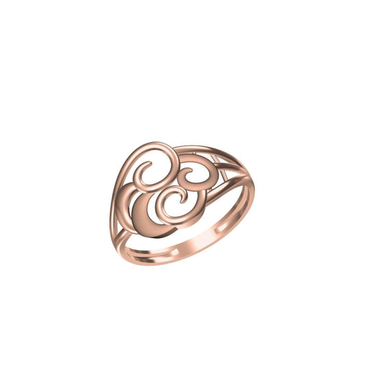 A rose gold ring with an openwork scrollwork design, shown on a plain white background with a small model number and brand logo at the bottom.