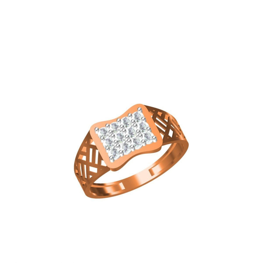 A rose gold ring with a square-shaped diamond cluster setting and geometric side cutouts, shown on a plain white background with a small specification table and 'IC' logo at the bottom.