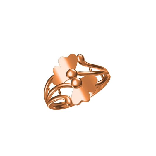 A rose gold ring featuring a stylized flower design with a central bead, shown on a plain white background with a small model number and logo at the bottom.