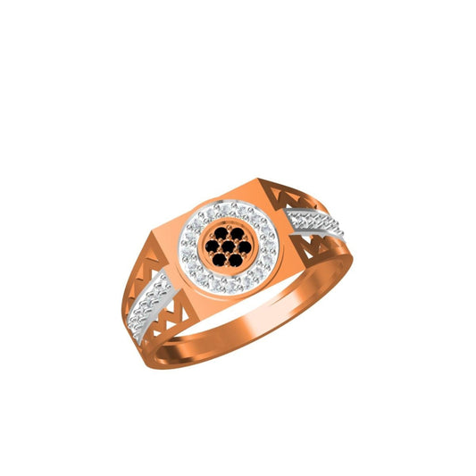A rose gold signet ring with a central cluster of black gemstones surrounded by clear stones, accented with silver-colored stones on the shoulders, shown on a white background with a size chart and 'IC' logo in the bottom-left corner.