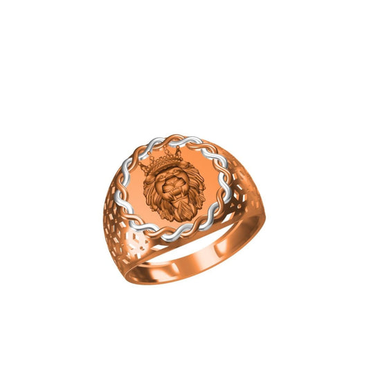 A rose gold signet ring featuring a lion head motif in the center, surrounded by a textured outer border and a wavy silver inner border, shown on a plain white background.