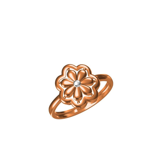 A rose gold flower-shaped ring with a small clear central gemstone, shown on a plain white background with a small product code label and 'IO' logo at the bottom.