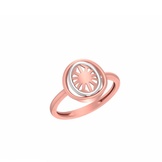 A rose gold ring with a circular sunburst design in a silver-tone setting, shown on a plain white background with a small code label in the bottom-left corner.