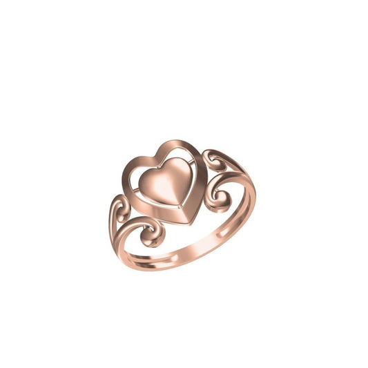 A rose gold ring featuring a central heart motif with an openwork scroll design on the band, shown against a plain white background with a small product code label and logo at the bottom.