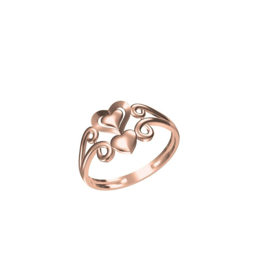 A rose gold ring with three interlocking hearts and elegant scrollwork on a plain white background. A small code label 'SILR-8463' and a logo 'IC' are visible at the bottom of the image.