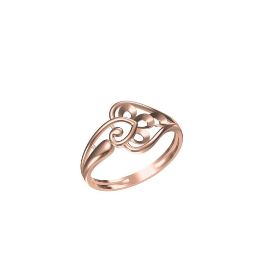 A rose gold ring with an openwork, swirling Art Deco style design, shown on a plain white background with a small model number and logo at the bottom.