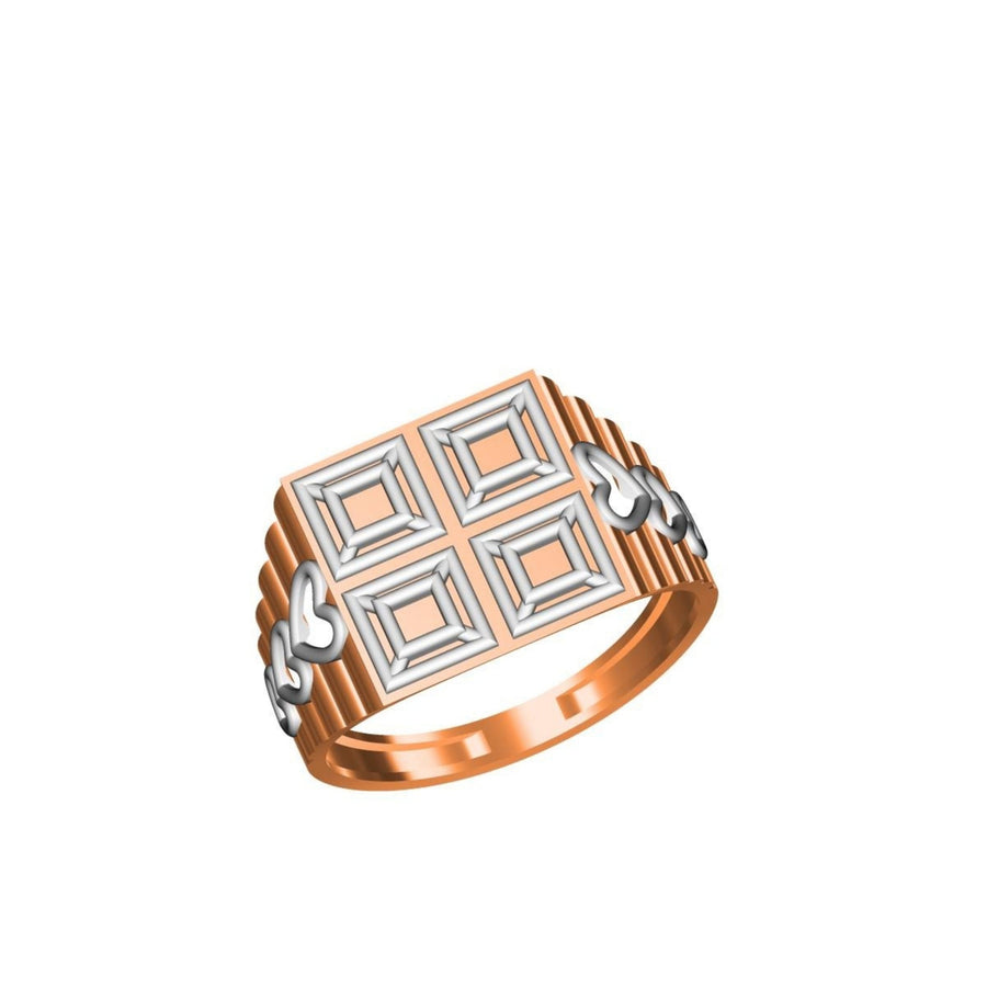 A men's signet ring featuring a rose gold band with a square face inlaid with four nested square motifs in white gold and rose gold, flanked by twisted rose gold bars. Shown on a plain white background with a model number and brand logo at the bottom.