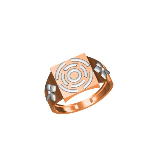 A rose gold signet ring with a square face featuring a white circular maze-like pattern and silver accents, shown on a plain white background with a model number and logo.