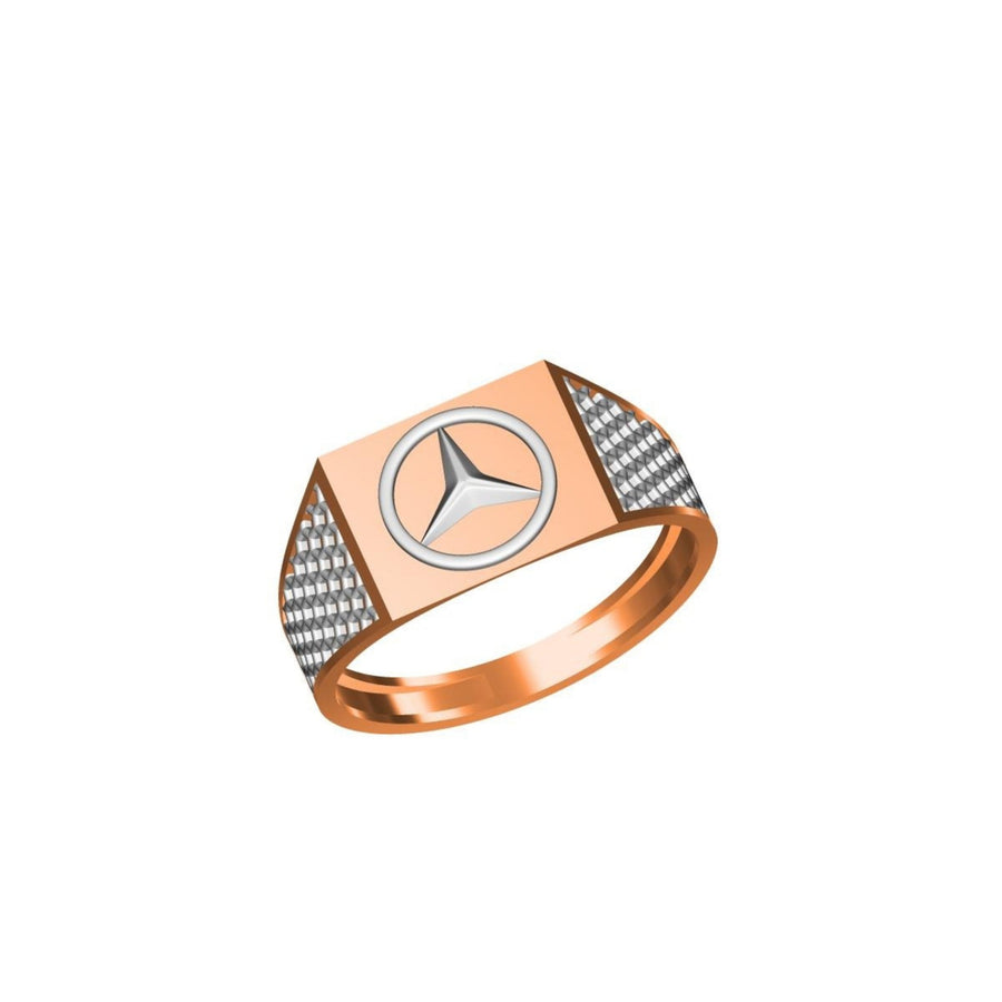 A rose gold signet ring featuring a central Mercedes-Benz star logo in silver, flanked by textured diamond-patterned side panels, shown on a plain white background.