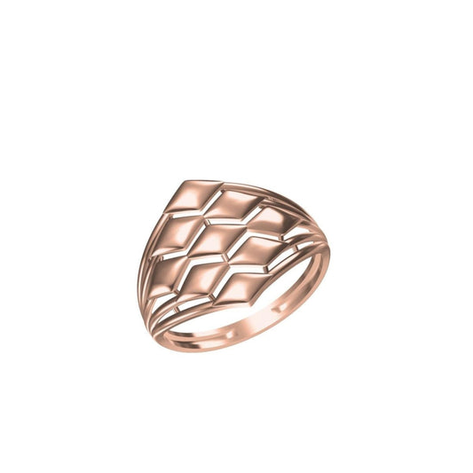 A rose gold ring with a geometric, diamond-patterned textured design, shown on a plain white background with a model number 'SILR-8517' and a logo at the bottom.