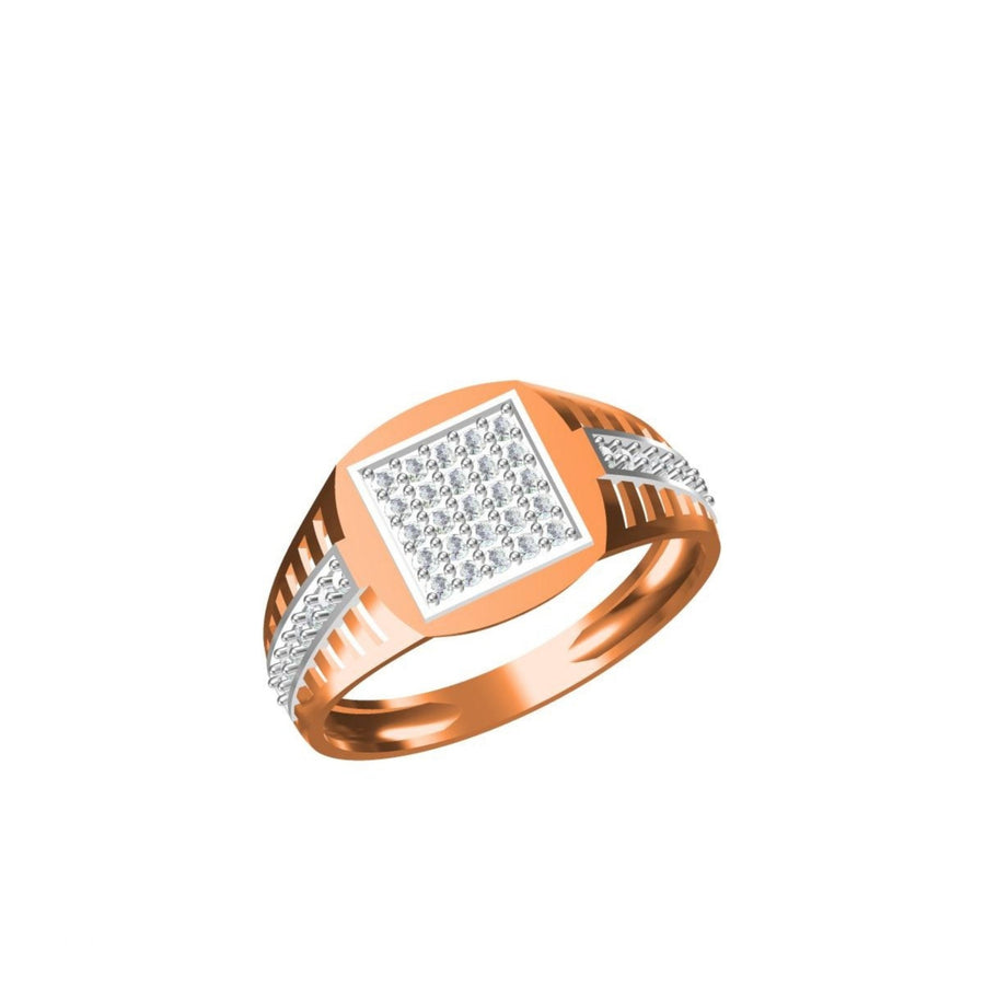 A rose gold ring with a square pavé diamond center and a curved diamond-accented band, shown on a plain white background with a small technical spec sheet and 'DC' logo at the bottom.