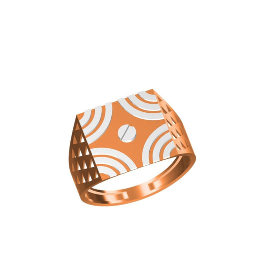 A rose gold signet ring with a geometric, faceted top featuring a white and orange concentric wave pattern, shown on a plain white background with a model number and brand logo.
