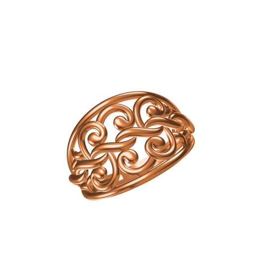 A copper-toned Celtic knot ring with intricate scrollwork, shown on a plain white background with a small model code label in the bottom-left corner and a logo at the bottom center.