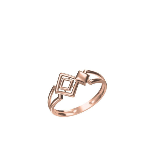 A rose gold geometric ring with a double square frame design on a clean white background, featuring a small model code label in the bottom left and a brand logo in the bottom center.