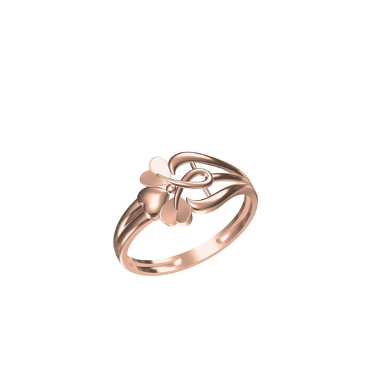 A rose gold ring with a stylized clover or leaf motif on a plain white background, featuring a small model number 'SILR-8537' and a logo 'JC' at the bottom.