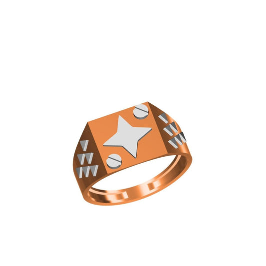A rose gold signet ring with a faceted geometric band, featuring a central silver star and silver geometric accents, shown on a plain white background with a model number and brand logo at the bottom.
