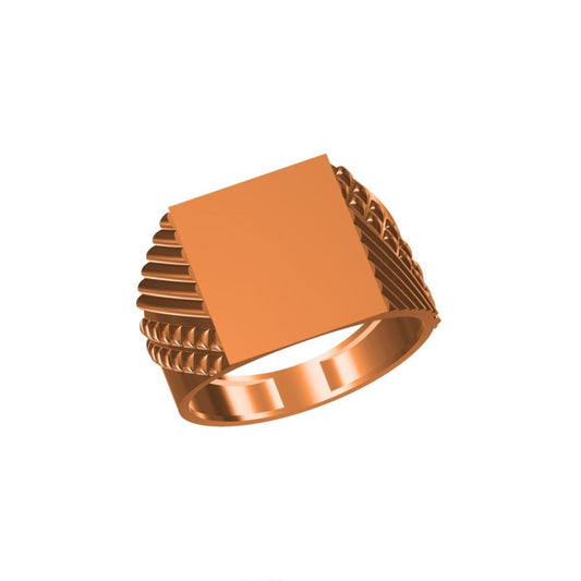 A rose gold signet ring with a flat rectangular face and textured beaded sides, shown on a plain white background with a small model code label and 'DC' logo at the bottom.