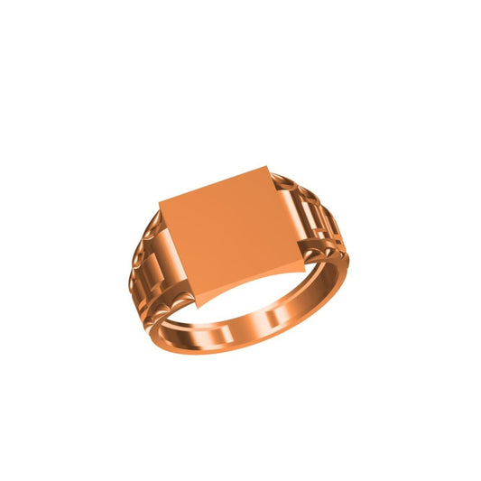 A rose gold signet ring with a flat, square-shaped face and a textured band, shown on a plain white background with a model number and logo.
