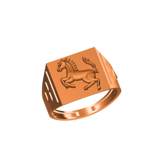 A rose gold signet ring featuring an embossed rearing horse on its face, shown against a plain white background with a model number and brand logo at the bottom.