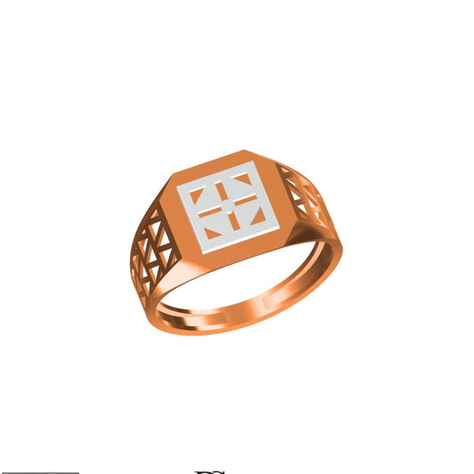 A rose gold signet ring with a white inlay featuring a cross and geometric patterns, shown on a plain white background with a model number and brand logo at the bottom.