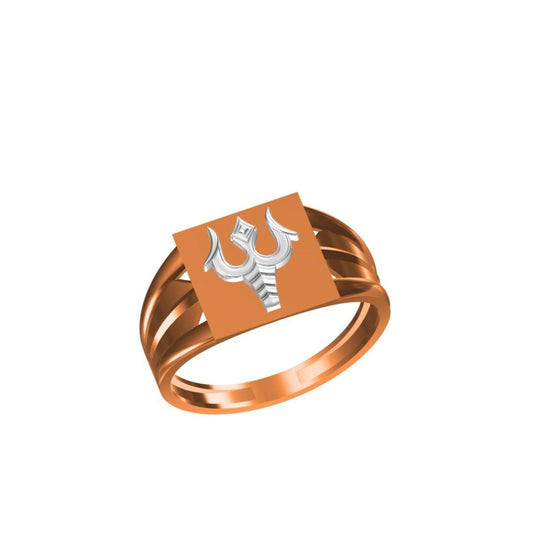 A 3D render of a signet ring with a multi-strand copper band, a square copper inlay, and a silver-toned Shiva Trishul symbol in the center, shown on a plain white background with a model code label in the bottom left.