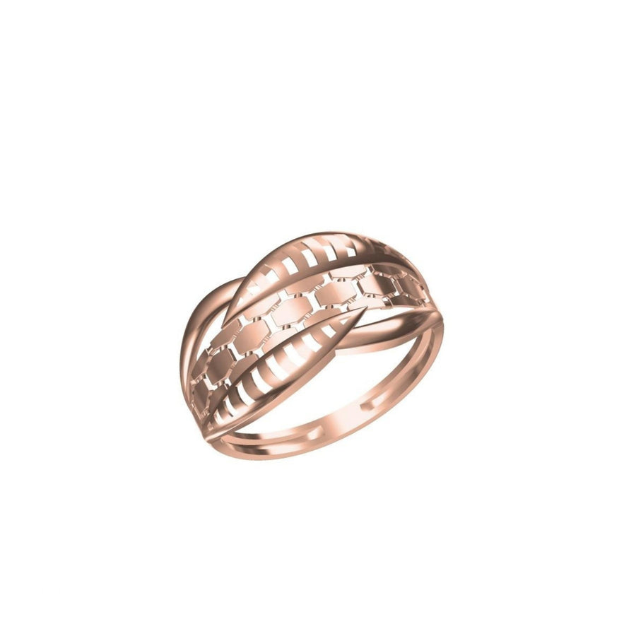 A rose gold ring with a textured, openwork geometric design, shown on a plain white background.