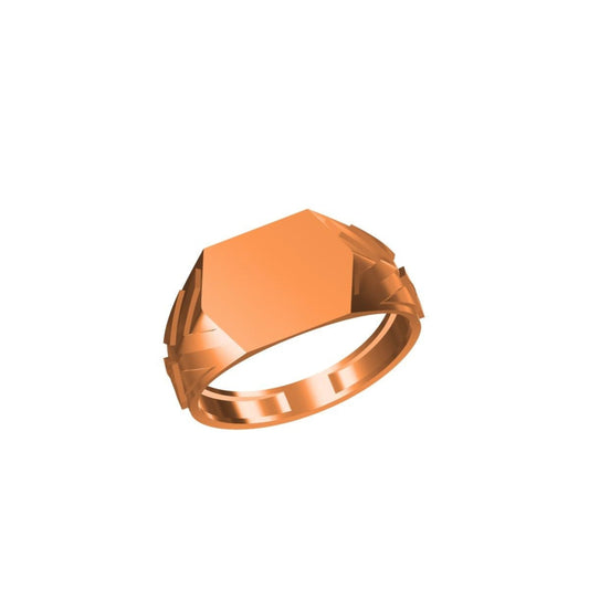 A 3D digital render of a rose gold signet ring with a faceted geometric top, shown on a plain white background with a small model code label in the bottom-left corner and an 'IC' logo in the bottom-center.