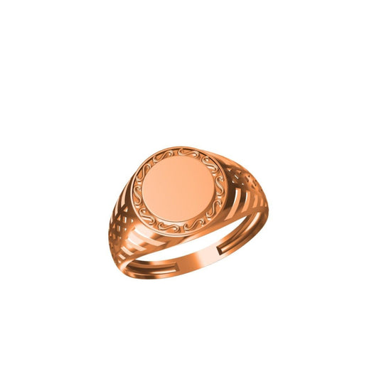 A rose gold signet ring with a flat oval face and decorative beaded border, shown on a plain white background with a small model number and brand logo at the bottom.