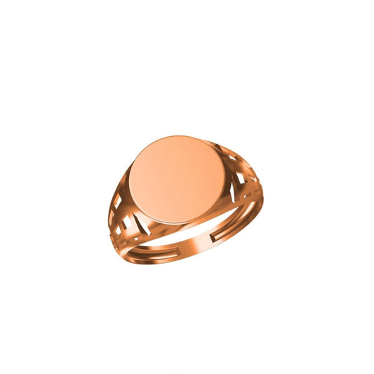 A rose gold signet ring with a flat oval face and openwork band details, shown on a plain white background with a small code label and 'DC' logo at the bottom.