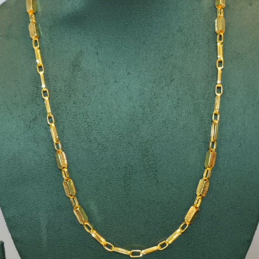A gold chain necklace with rectangular links displayed on a dark green jewelry bust against a light gray background.