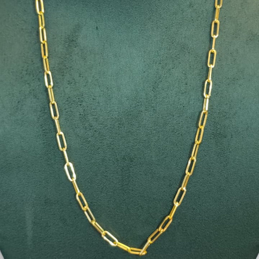A gold paperclip chain necklace displayed on a dark green velvet jewelry bust against a light gray background.