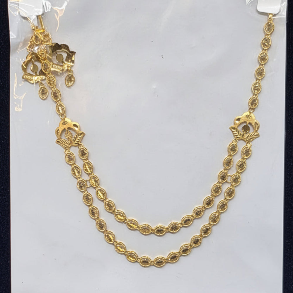 Gold chain necklace on a white card with a label