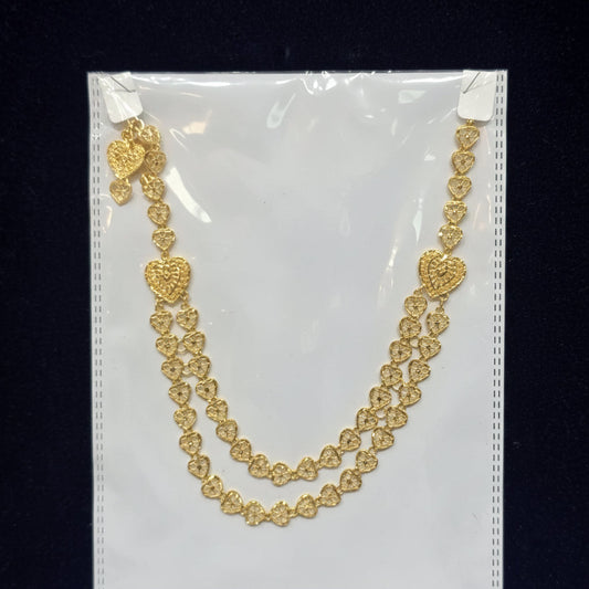 Gold heart-shaped necklace on a clear plastic bag with a black background