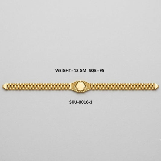 A gold-tone metal bracelet with a textured checkered pattern and a central oval medallion, displayed horizontally on a light gray background with product text overlays.
