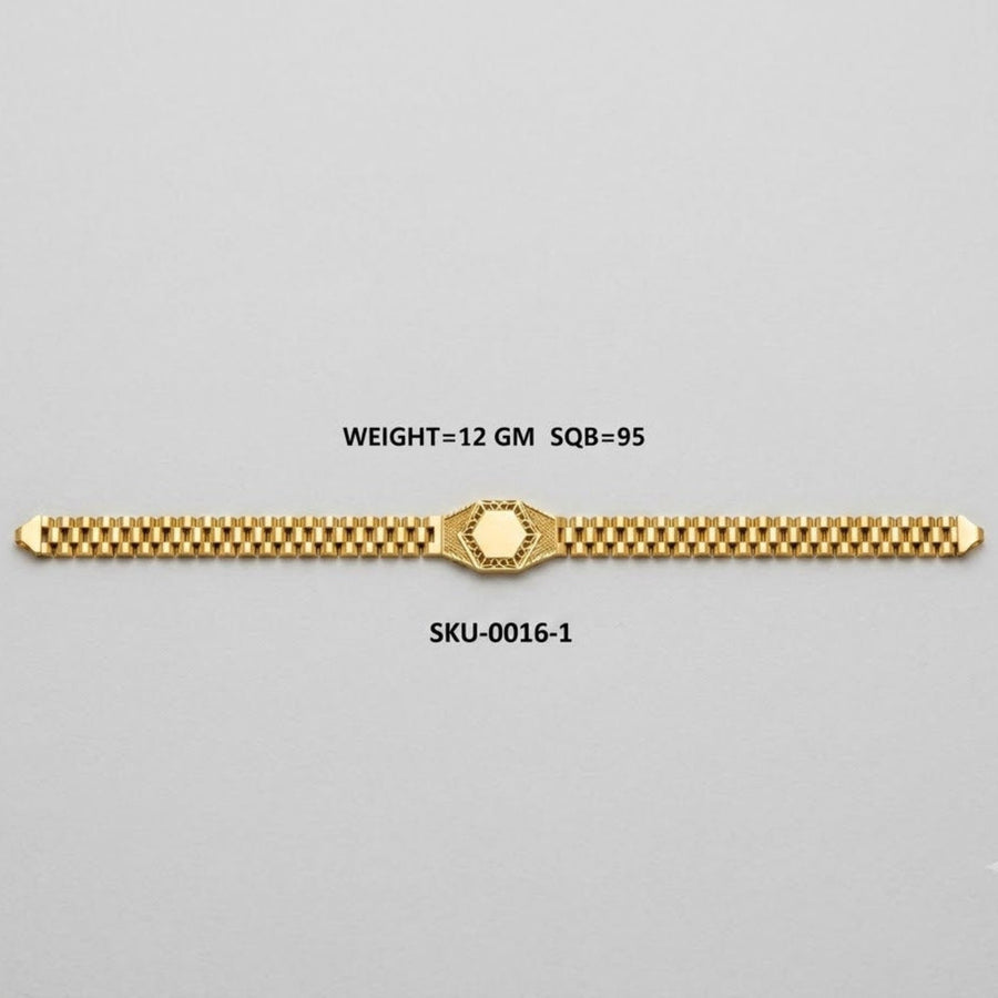 A gold-tone metal bracelet with a textured checkered pattern and a central oval medallion, displayed horizontally on a light gray background with product text overlays.